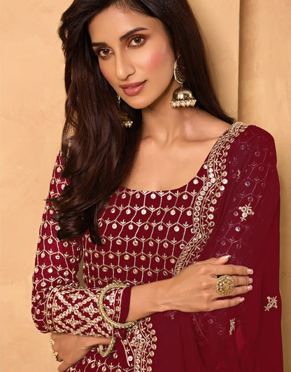 Maroon Color Mirror Embroidery Georgette Sharara