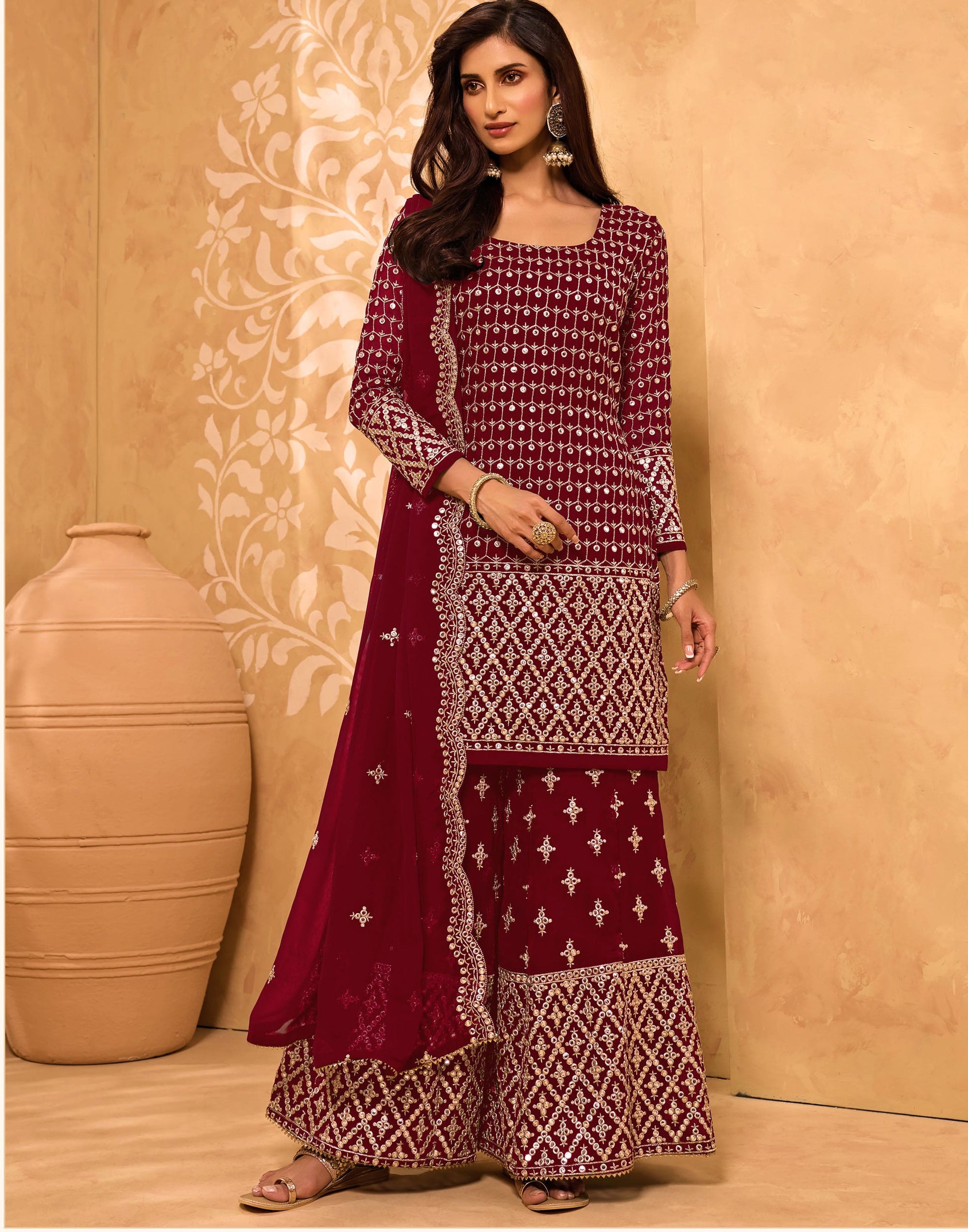 Maroon Color Mirror Embroidery Georgette Sharara